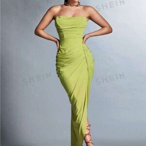 Medium (6) Lime Green High slit strapless dress, perfect for summer wedding.